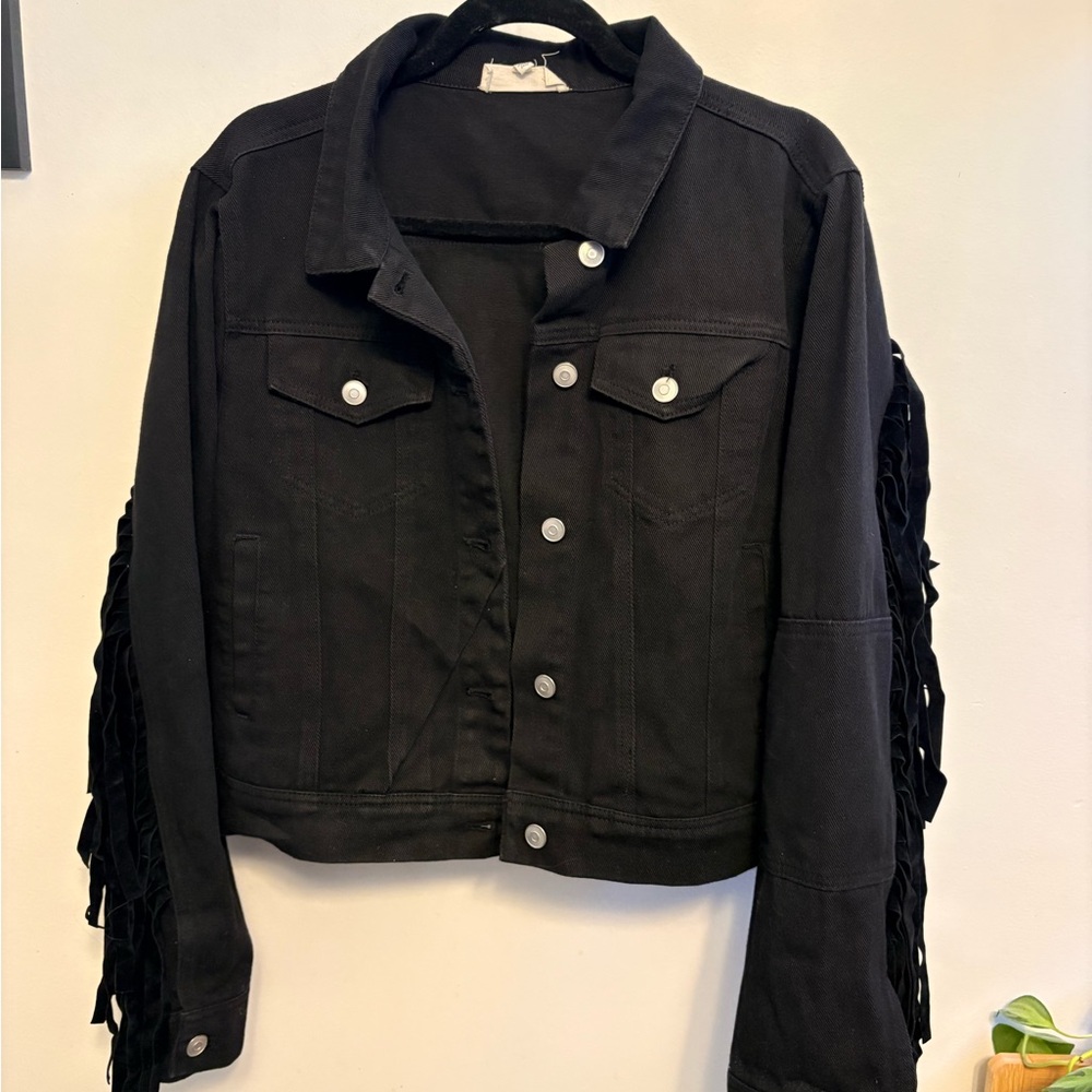 Black Fringe Denim Jacket - Women